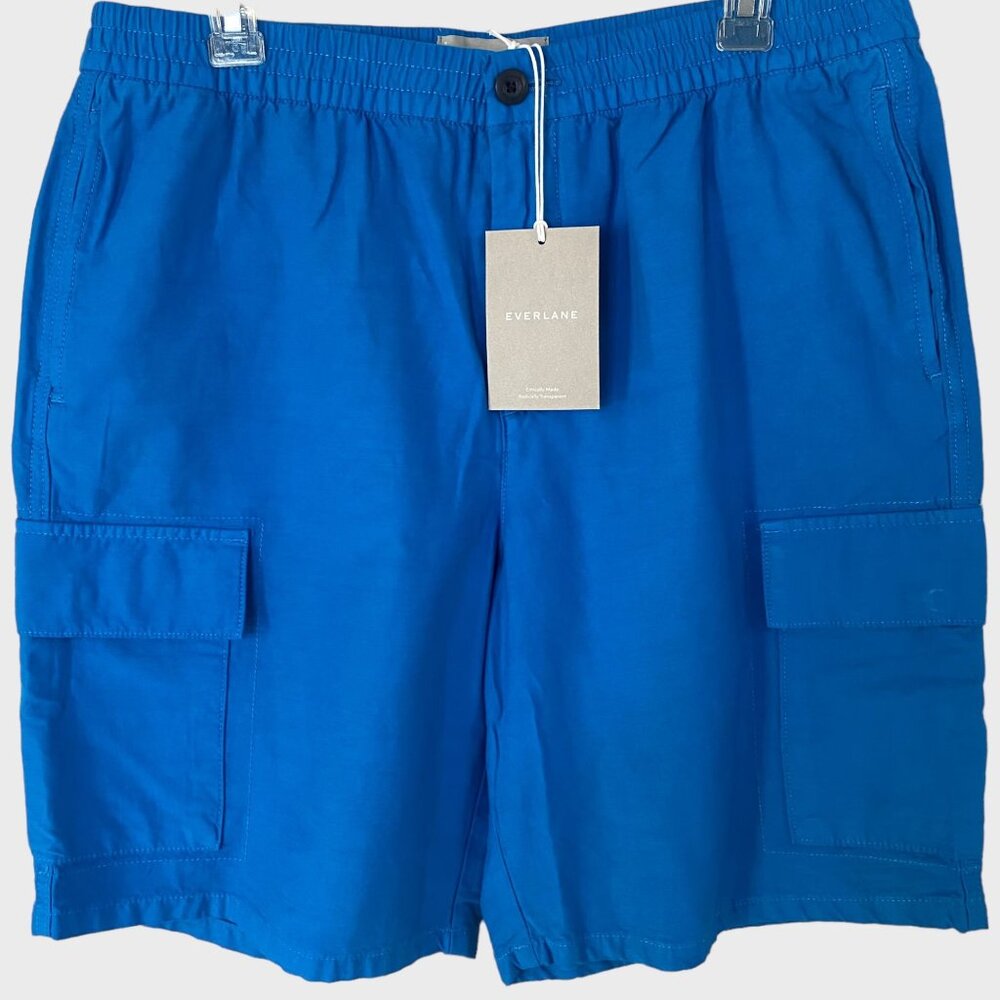 Everlane Cargo Shorts Mens Large Organic Cotton Linen Blend Blue Casual New